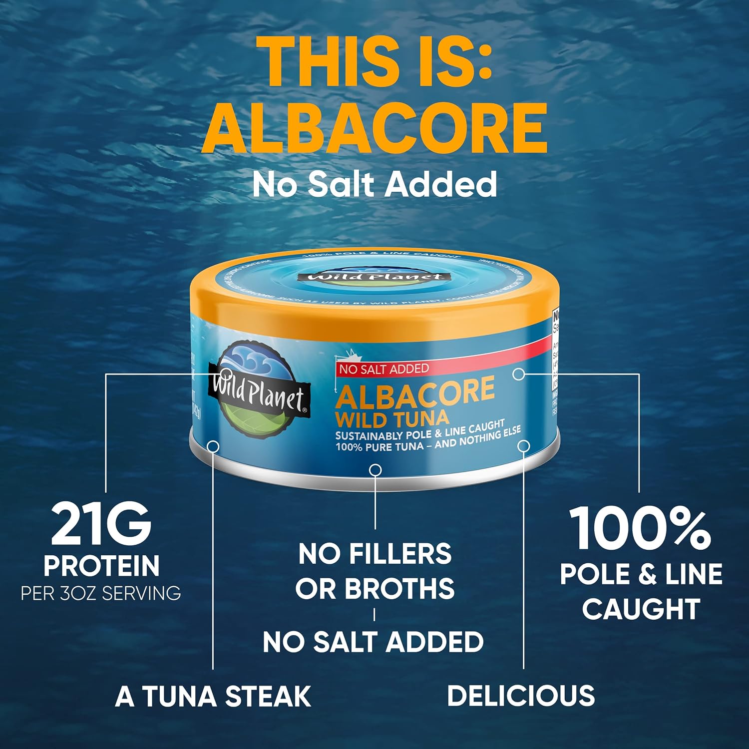 Wild Planet Wild Albacore Tuna, No Salt Added, 5 Ounce Can, Pack of 12 | Sustainable Pole & Line Caught Canned Tuna. Non-GMO, Gluten Free, Kosher, Dairy Free, Keto & Paleo Friendly