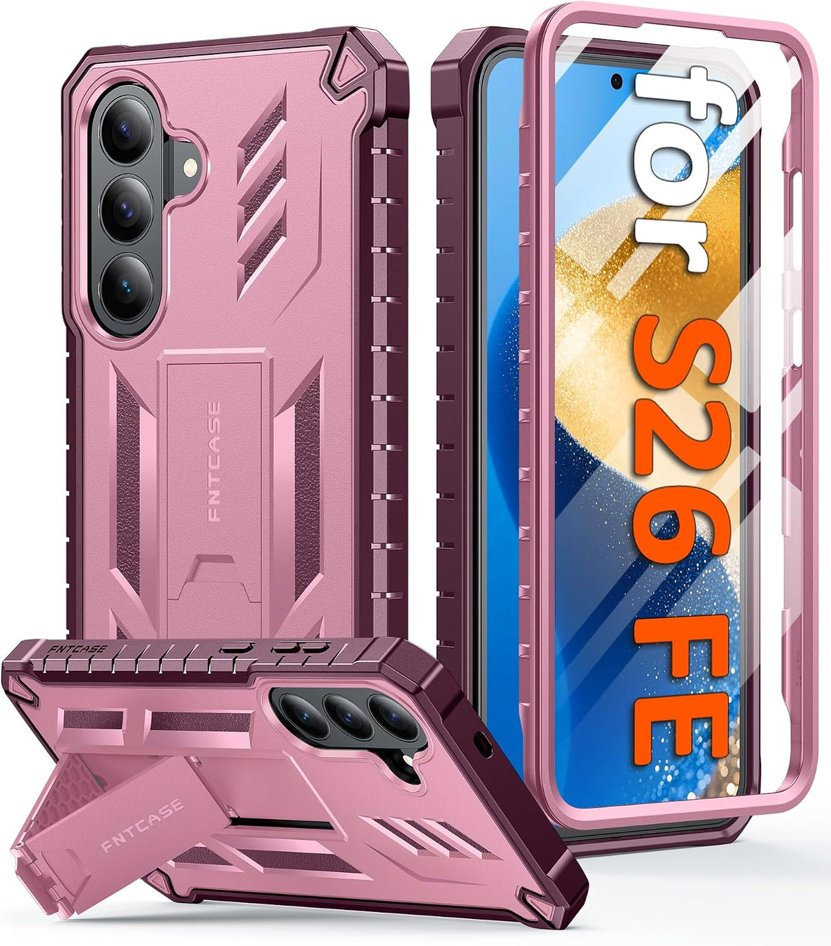 FNTCASE for Samsung Galaxy S26 FE Case, Built-in Screen Protector Kickstand