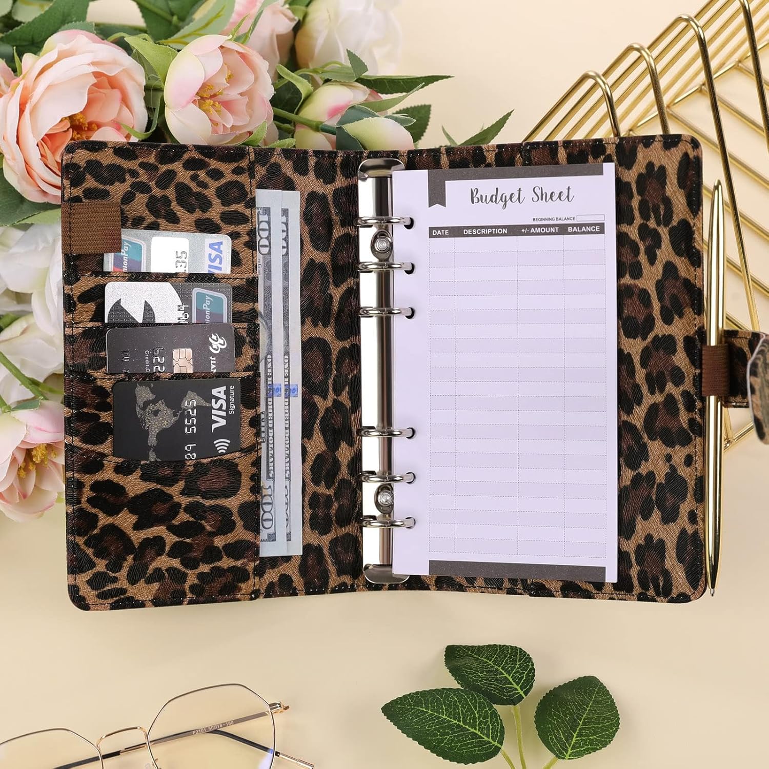SKYDUE A6 Budget Binder with Zipper Envelopes, Money Organizer for Cash with 12Pcs Expense Budget Sheet & 24Pcs Stickers, Cash Envelopes for Budgeting and Saving