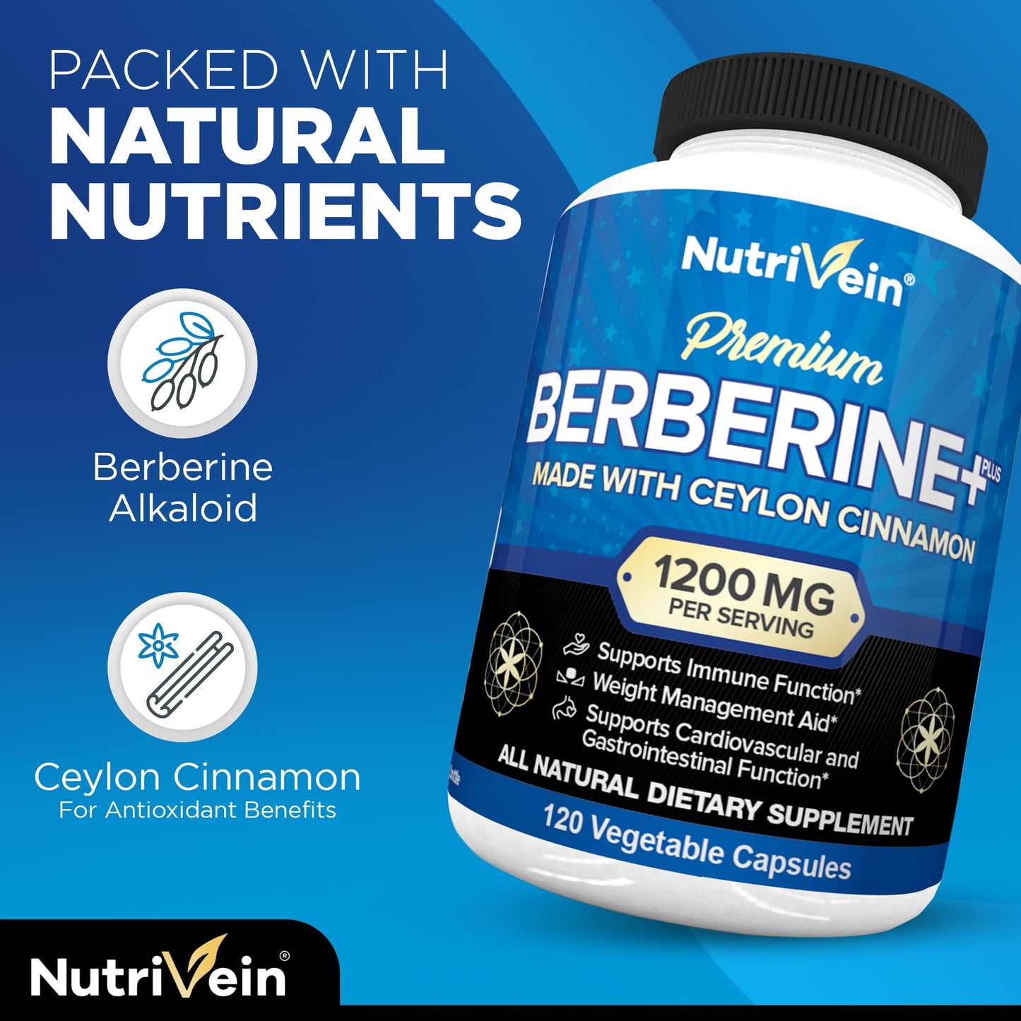 Nutrivein Premium Berberine HCL 1200mg Plus Organic Ceylon Cinnamon - 120 Capsules - Supports Immune System, Weight Management - Berberine HCI Supplement