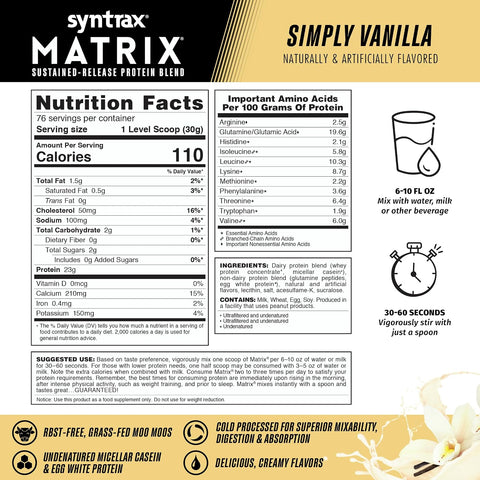 Syntrax Nutrition Matrix - Sustained-Release Protein Blend, Simply Vanilla 5 lbs. Real Vanilla Bean Specks