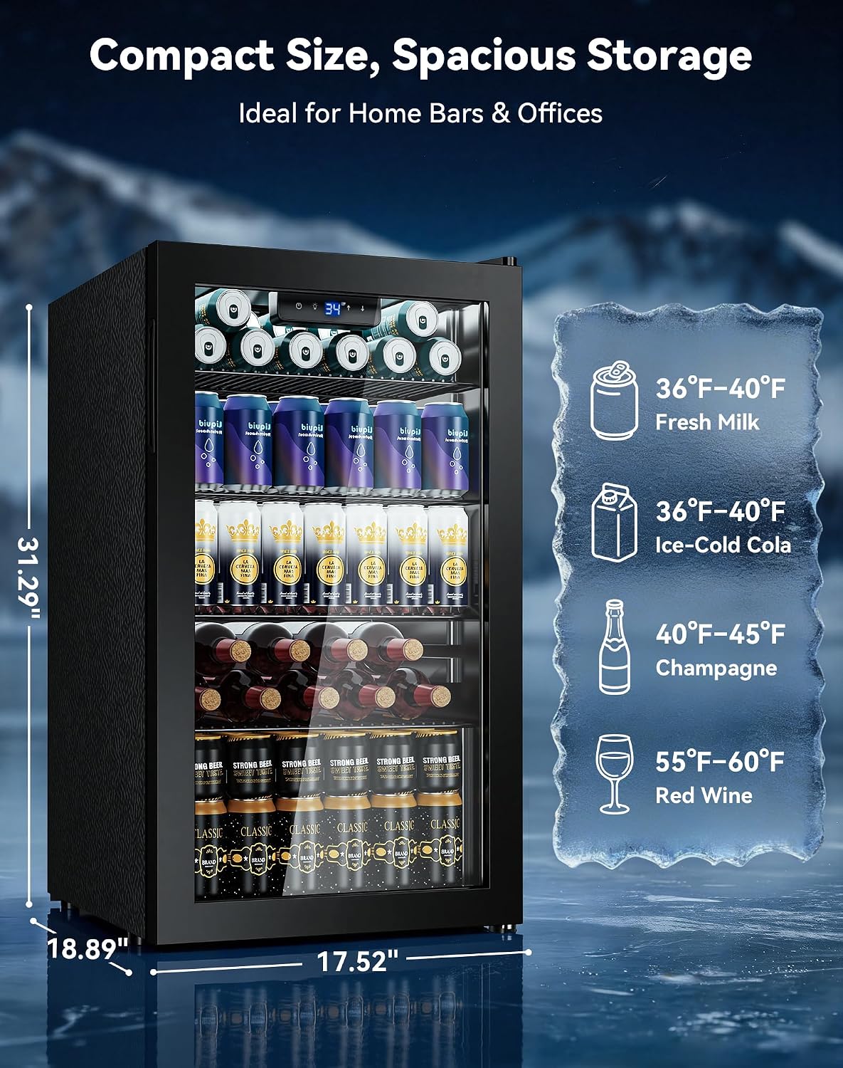 130 Can Beverage Refrigerator, Reversible Door, 3.2 Cu.Ft Drink Cooler