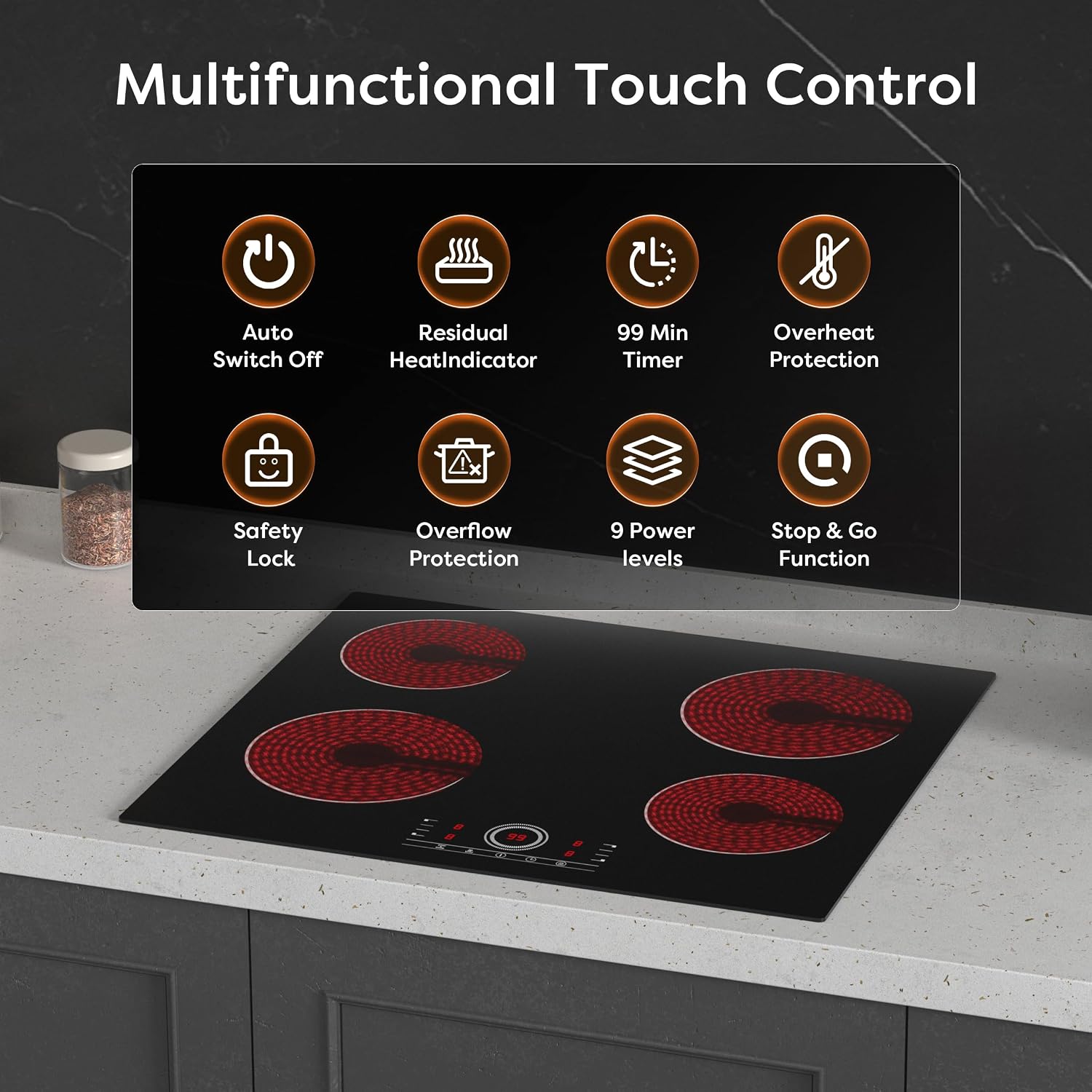 CDV 24 Inch Electric Cooktop 4 Burners 6000W Touch Control