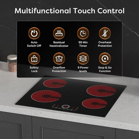 CDV 24 Inch Electric Cooktop 4 Burners 6000W Touch Control