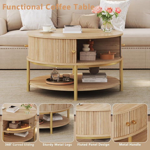 23.6" Round Coffee Table with Storage, 3-Tier Small Round Coffee Table with Sliding Cabinet Door & Round Metal Legs, Mid Century Modern Coffee Tables for Living Room, Oak
