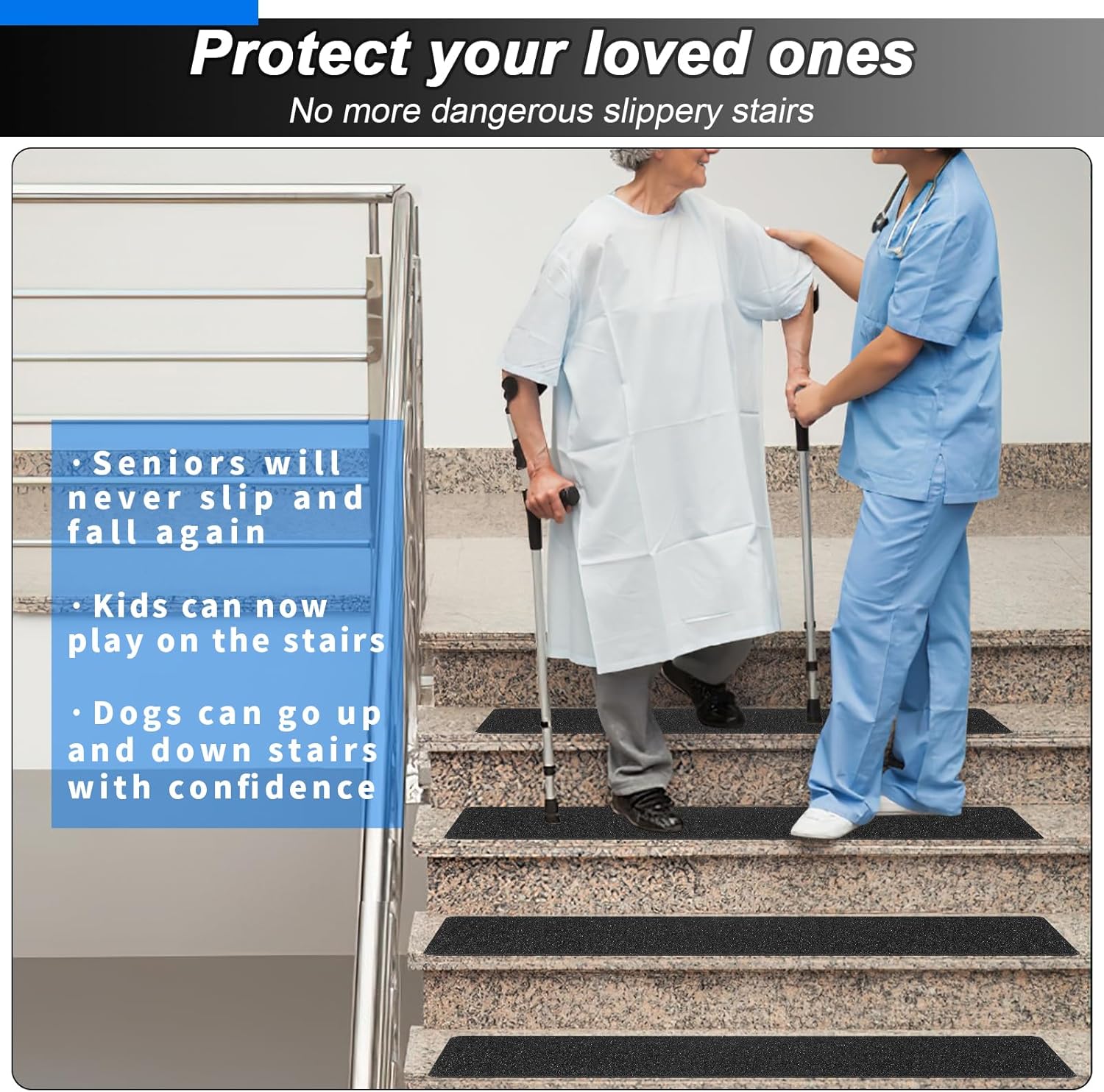 SMILOOL Outdoor Stair Treads Non-Slip Step Strips for Wooden Steps 10 Pack 6” x 30” Anti Slip Grip Tape Precut for Outside Stairs, Non Skid Stair Tread Mats Weather Resistant for Outdoors, Black