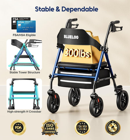 Bluelog Rollator Walkers with Seat Cup Holder & Cane Holder, Blue
