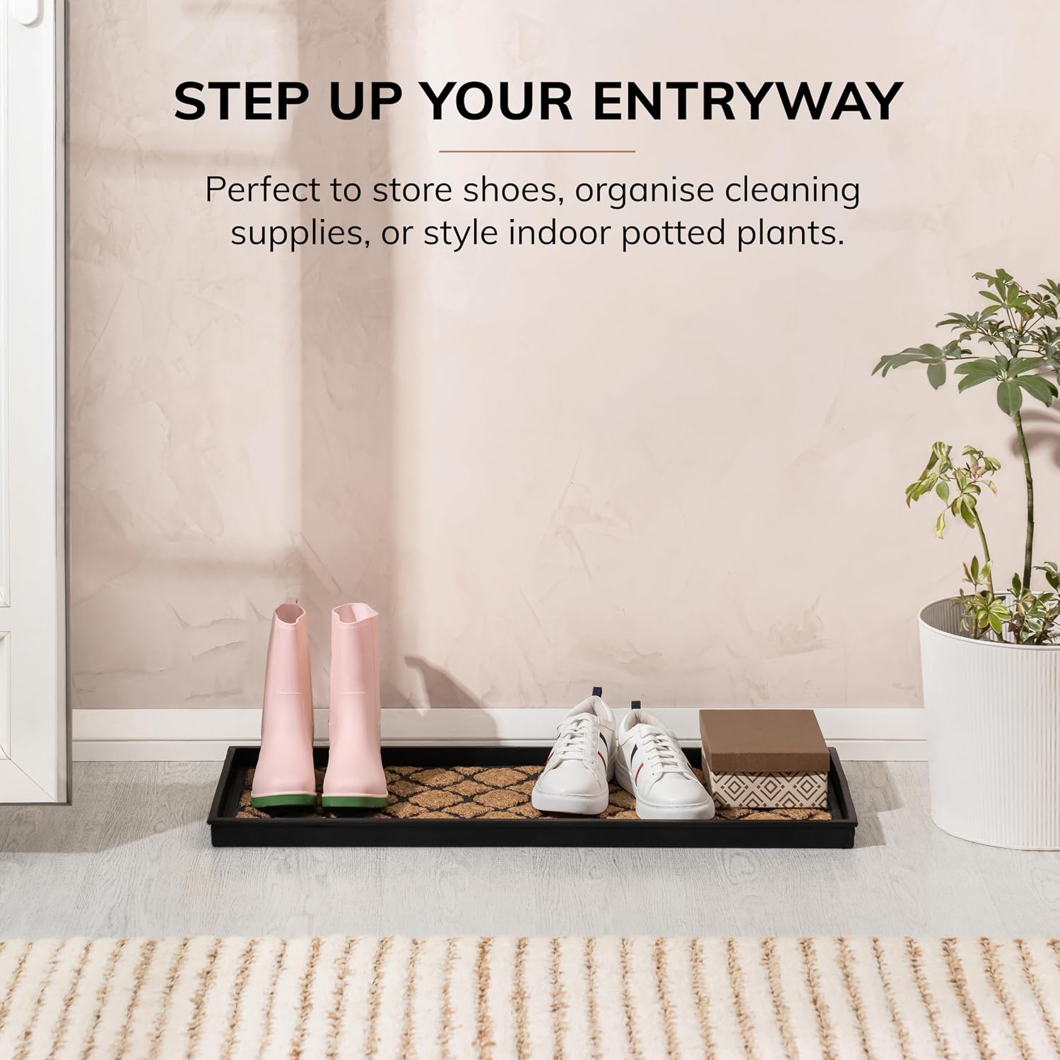 Anji Mountain Heavy Duty Waterproof Rubber Shoe Storage Mat Organizer/Boot Storage Multi Use for Entryway with Coir, Tan and Black Trellis Insert, Fits 3 Pair (34.5" Wide)