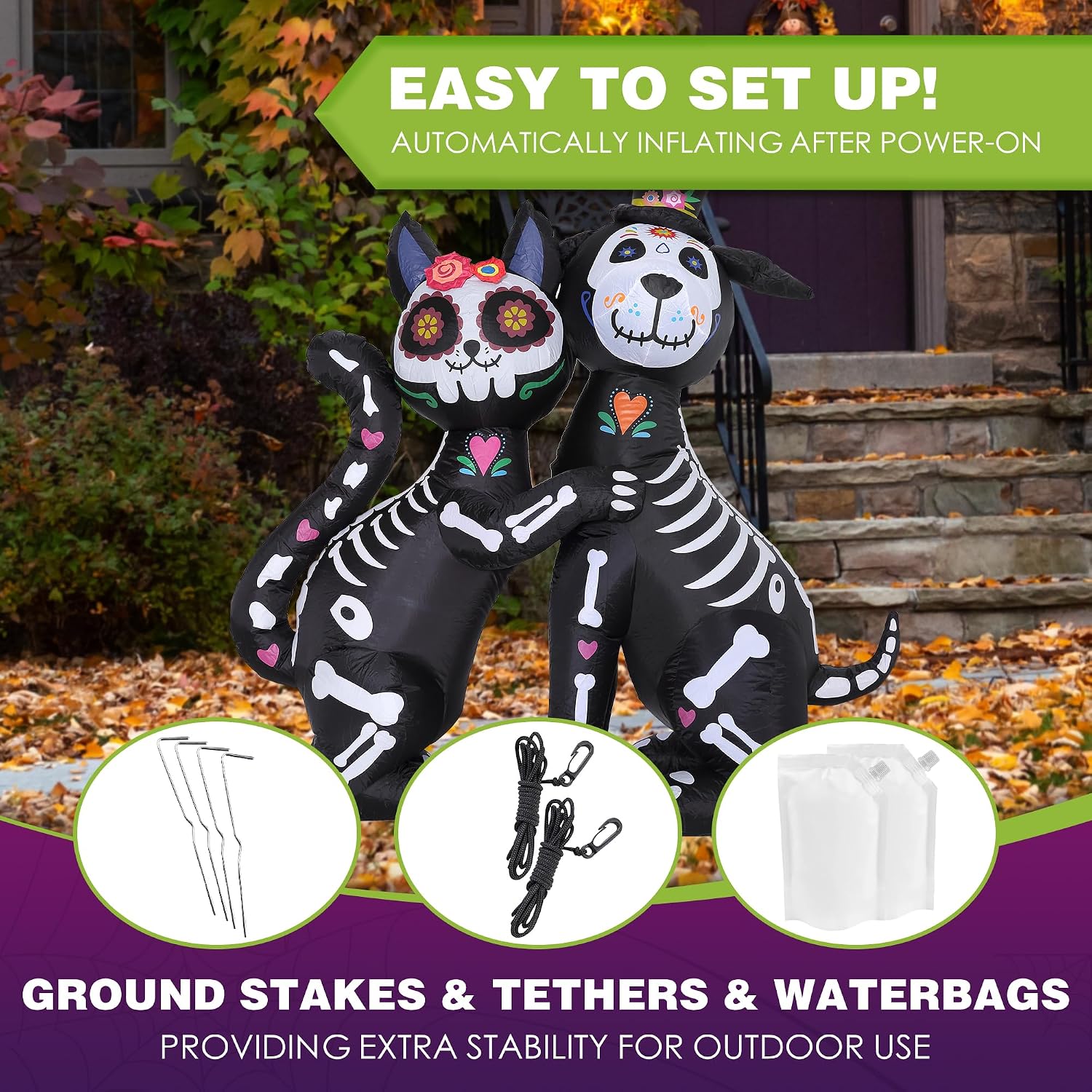 ZPISF 6 FT Halloween Inflatables Skeleton Black Cat and Dog