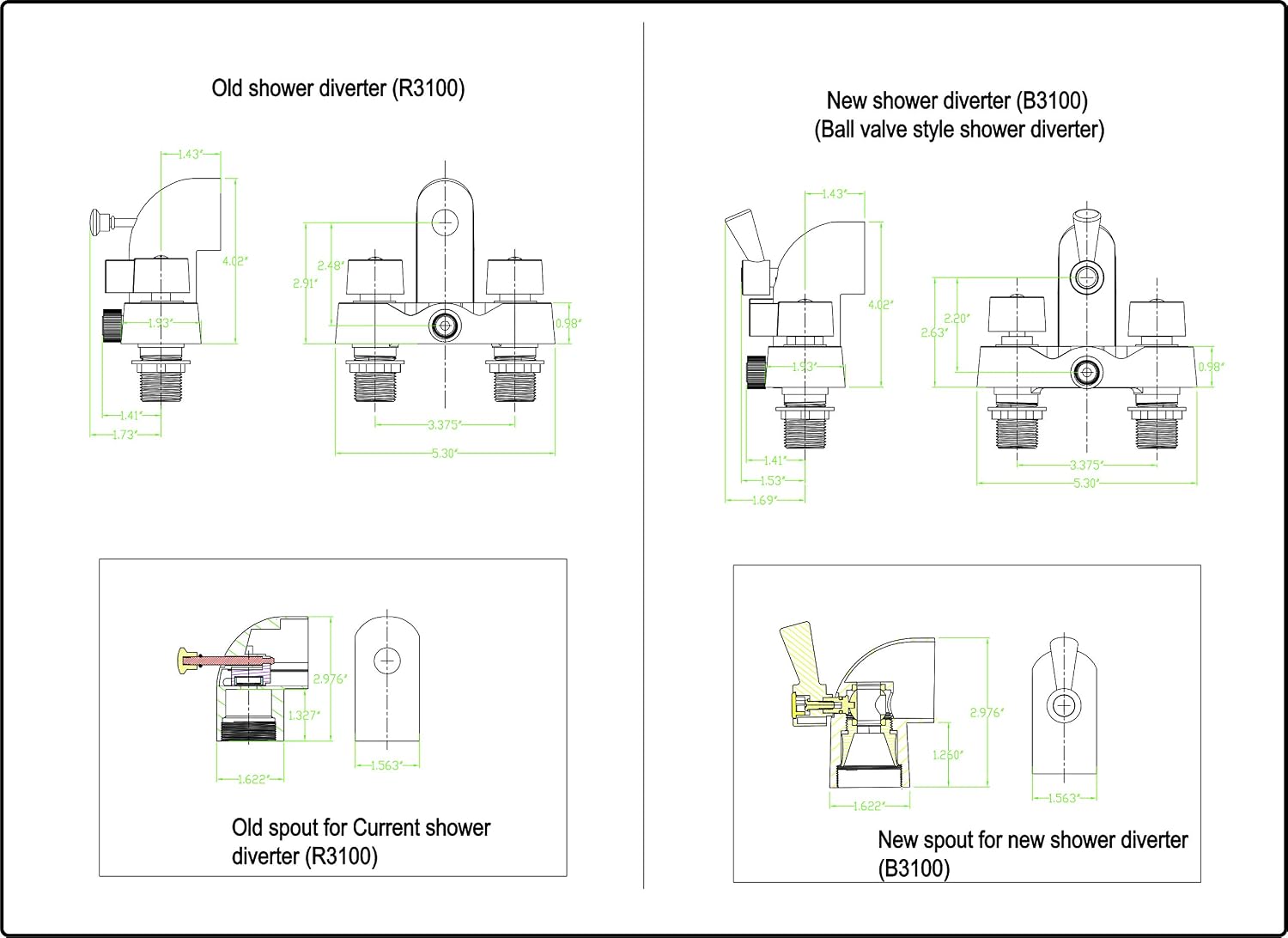My PlumbingStuff B3100 3 ⅜-Inch Centers Clawfoot Tub Faucet with Ceramic Cartridges & ¼-Turn Ball-Valve Diverter - Diverter Bathcock - Faucet Replacement - Solid-Brass Chrome-Plated - ¾ Male IPS Inlet