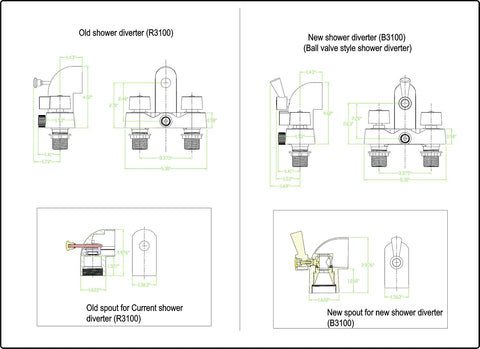 My PlumbingStuff B3100 3 ⅜-Inch Centers Clawfoot Tub Faucet with Ceramic Cartridges & ¼-Turn Ball-Valve Diverter - Diverter Bathcock - Faucet Replacement - Solid-Brass Chrome-Plated - ¾ Male IPS Inlet