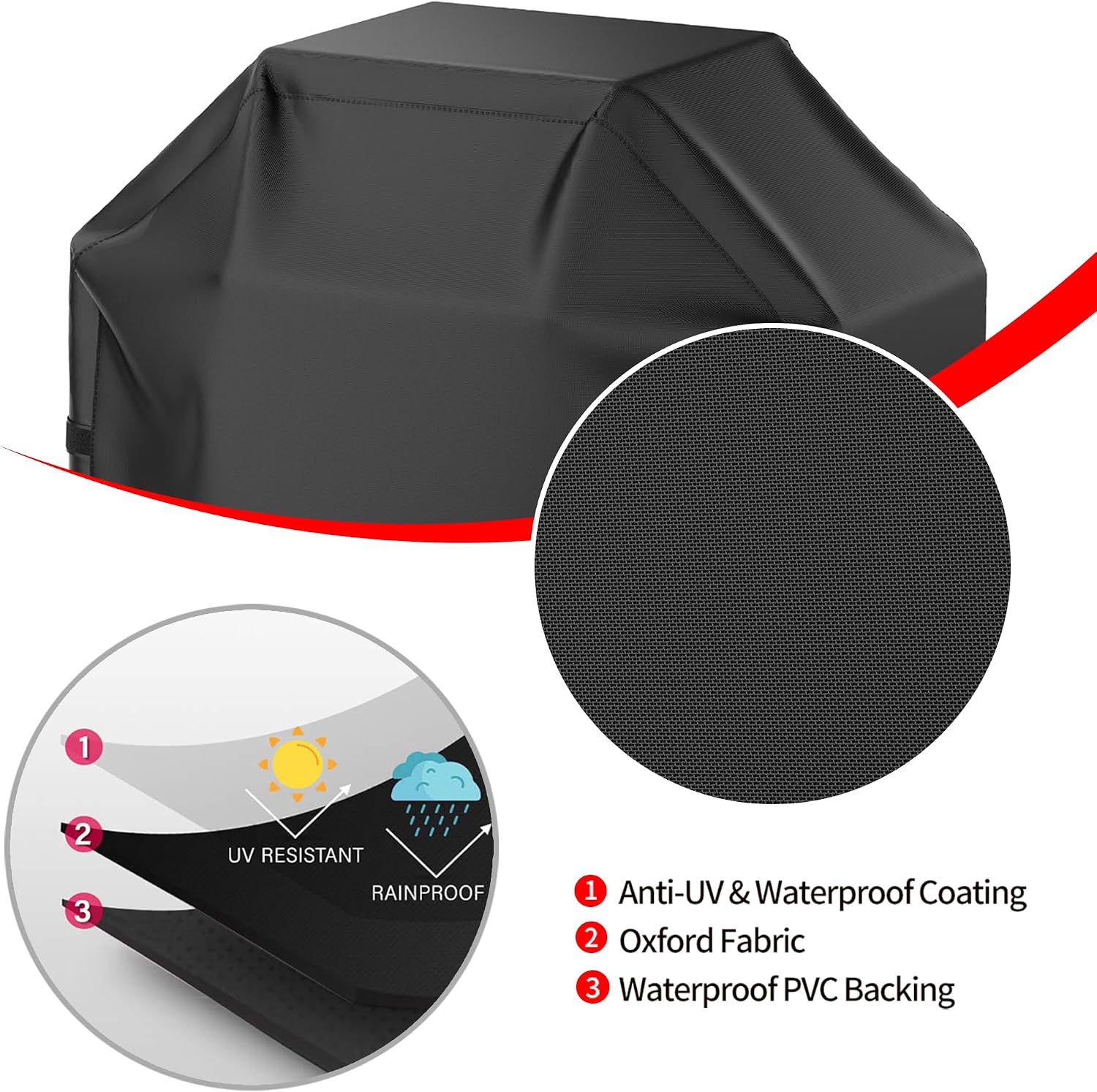 BBQ Grill Cover, Waterproof, Weather Resistant, Rip-Proof, Anti-UV, Fade Resistant, with Hook-and-Loop Straps, Gas Grill Cover for Most Grills, 48 inch, Black