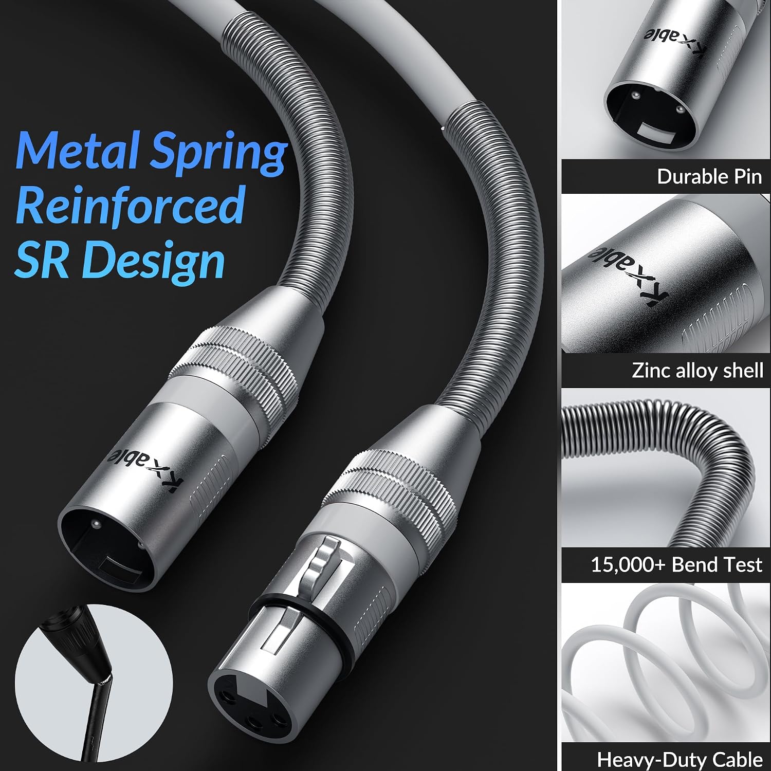 Kxable XLR Microphone Cable 10 FT, XLR Male to Female Balanced Mic Cable, 3-Pin Shielded Speaker Cord, Zinc Alloy Connectors, 22AWG Pure Copper, Metal Spring SR, Recording Studio, Podcast, White