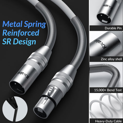 Kxable XLR Microphone Cable 10 FT, XLR Male to Female Balanced Mic Cable, 3-Pin Shielded Speaker Cord, Zinc Alloy Connectors, 22AWG Pure Copper, Metal Spring SR, Recording Studio, Podcast, White