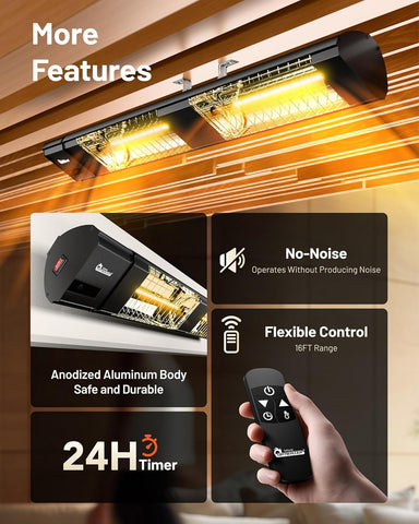 DR. INFRARED HEATER DR-239 3000W Indoor & Outdoor Infrared Patio Heater, Wall or Ceiling Mount, IP55 Weatherproof, Commercial or Residential, 220V-240V Electric Heater with Remote & Mounting Kit