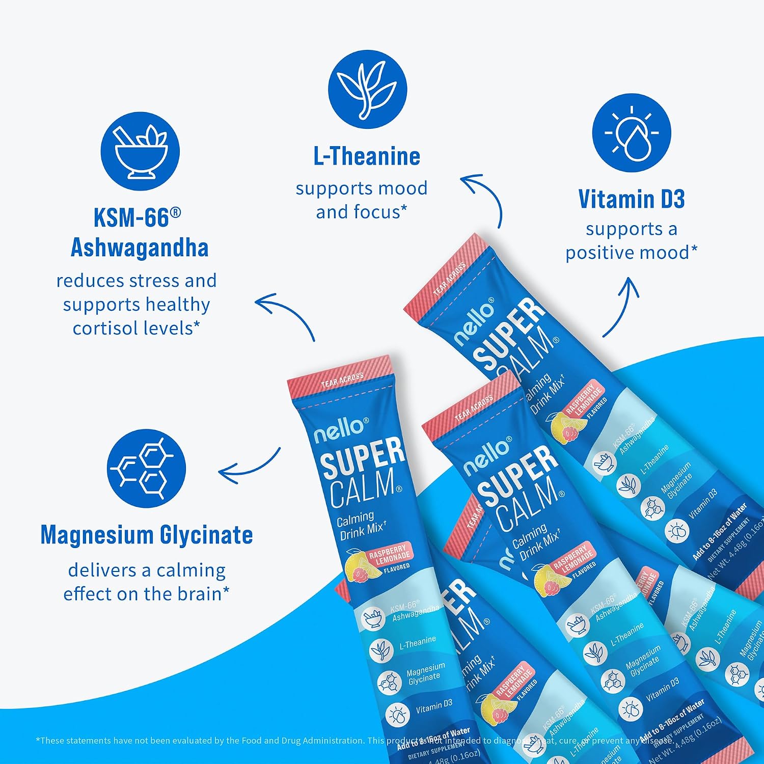 Nello Supercalm Powdered Drink Mix, Cortisol Reducer and Sleep Aid Supplement, L Theanine, Ksm-66 Ashwagandha, Magnesium Glycinate, Vitamin D 3, No Sugar, Non GMO, On The Go, 20 Ct, Raspberry Lemonade