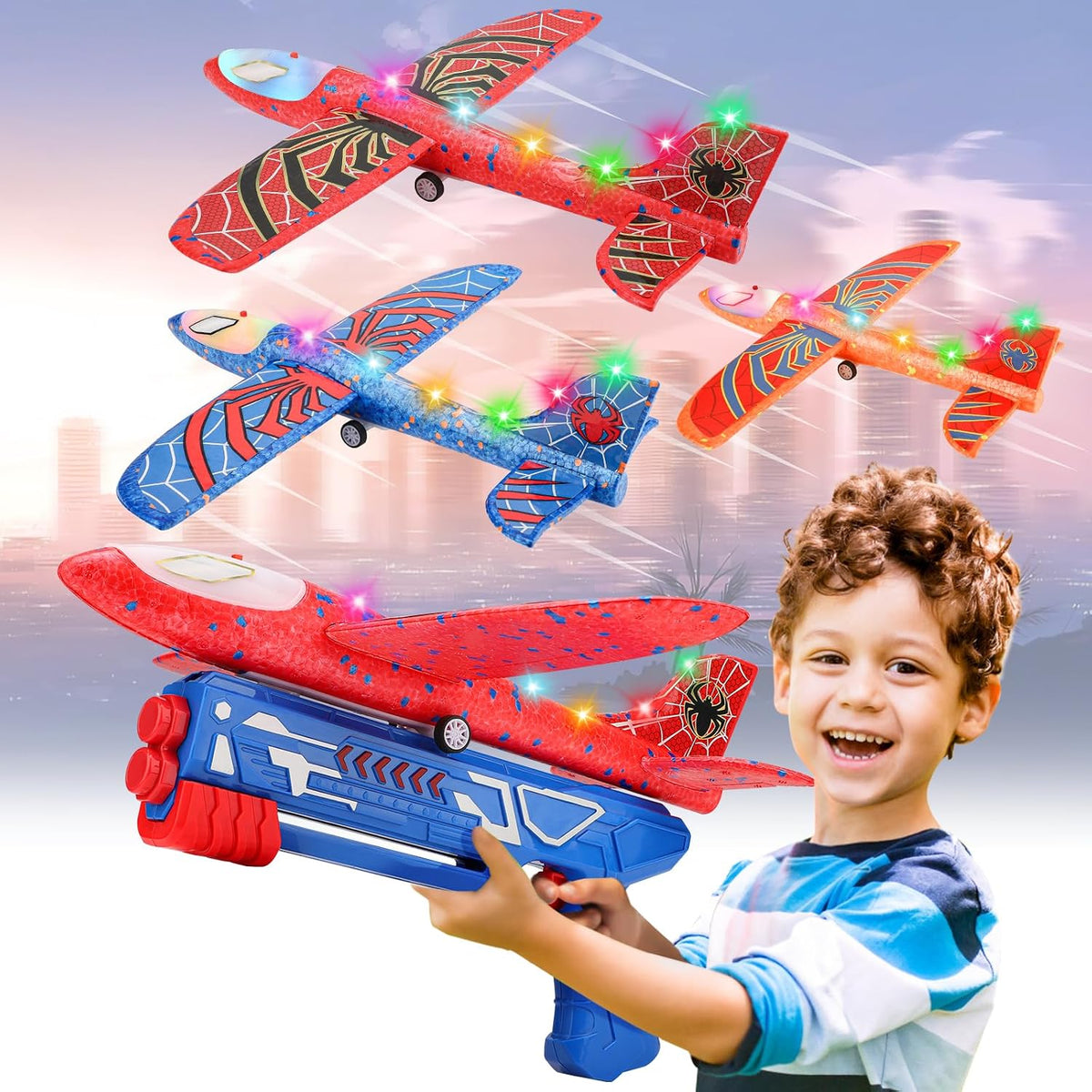 Fuwidvia 3 Pack Airplane Launcher Toys, 13.2'' Spider LED Foam Glider