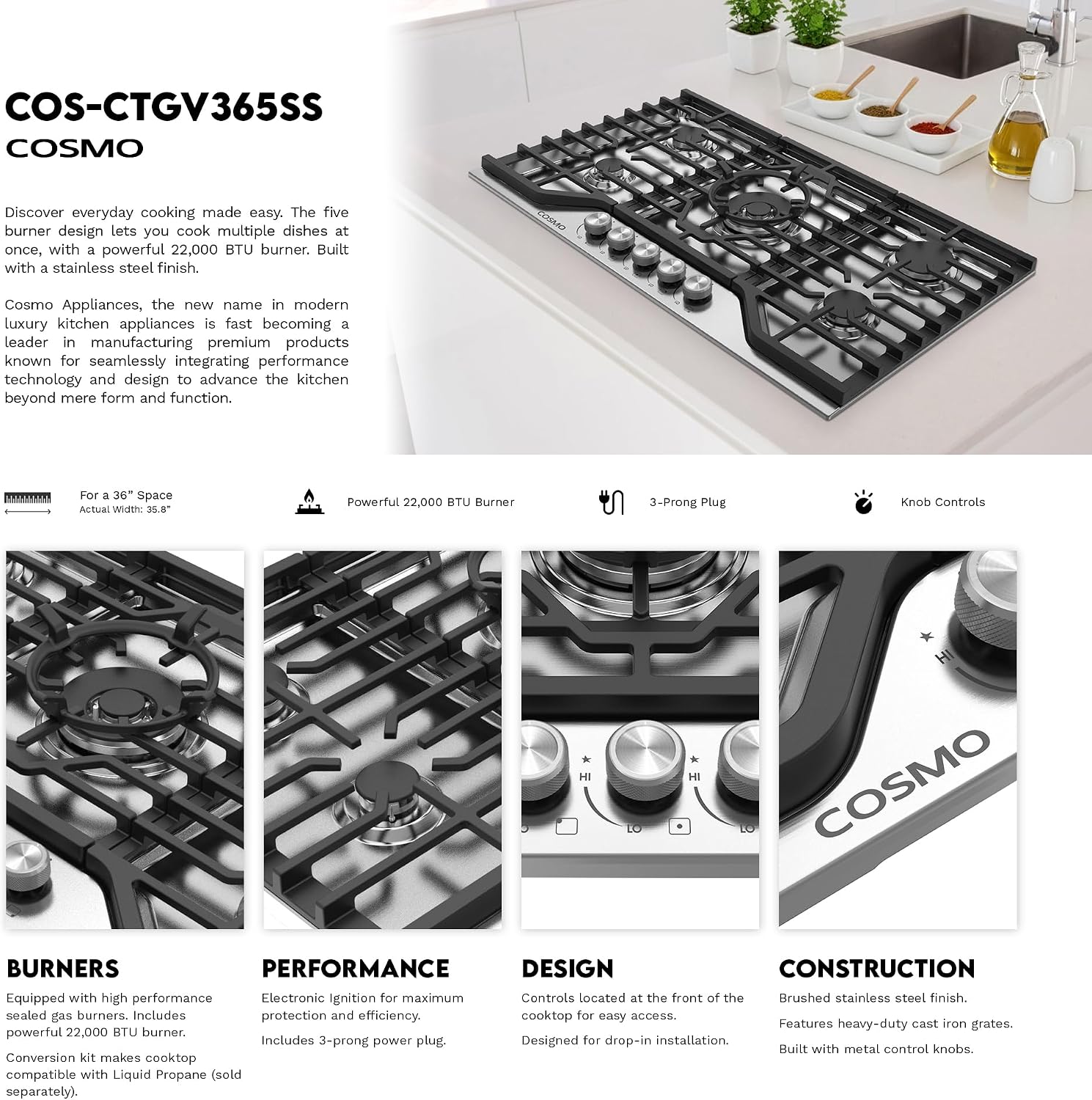 36 in. Vista Collection Drop-in 5 Burner Gas Cooktop in Stainless Steel