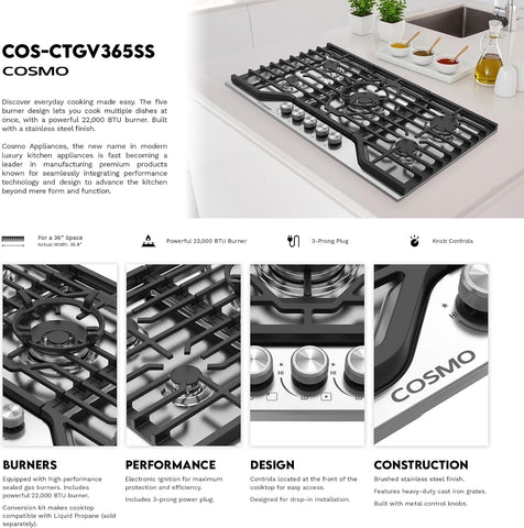 36 in. Vista Collection Drop-in 5 Burner Gas Cooktop in Stainless Steel