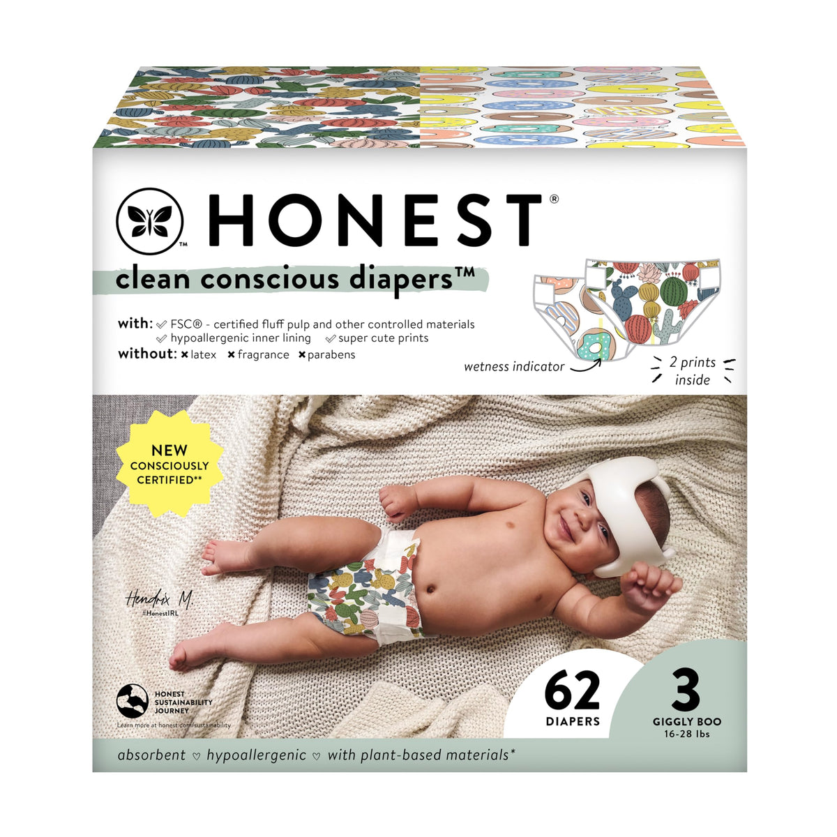 The Honest Company Clean Conscious Diapers | Plant-Based, Sustainable | Cactus Cuties + Donuts | Club Box, Size 3 (16-28 lbs), 62 Count