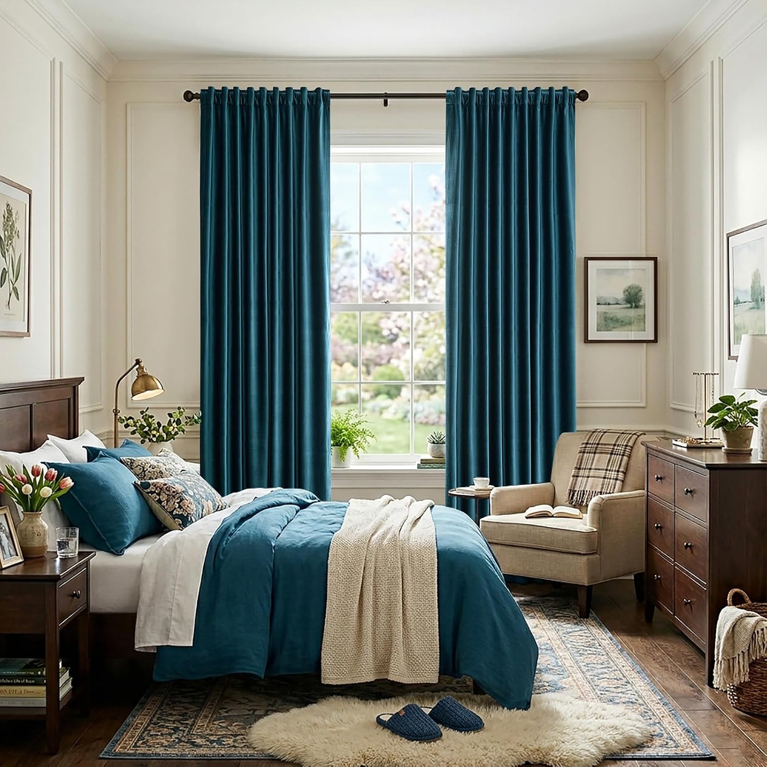 Elegant Peacock Blue Velvet Curtains 90 inches for Living Room,Luxury 2 Panels Room Darkening Rod Pocket Back Tab Curtain Thermal Insulated Heavy Soundproof Noice Reducing Window Drapes for Bedroom
