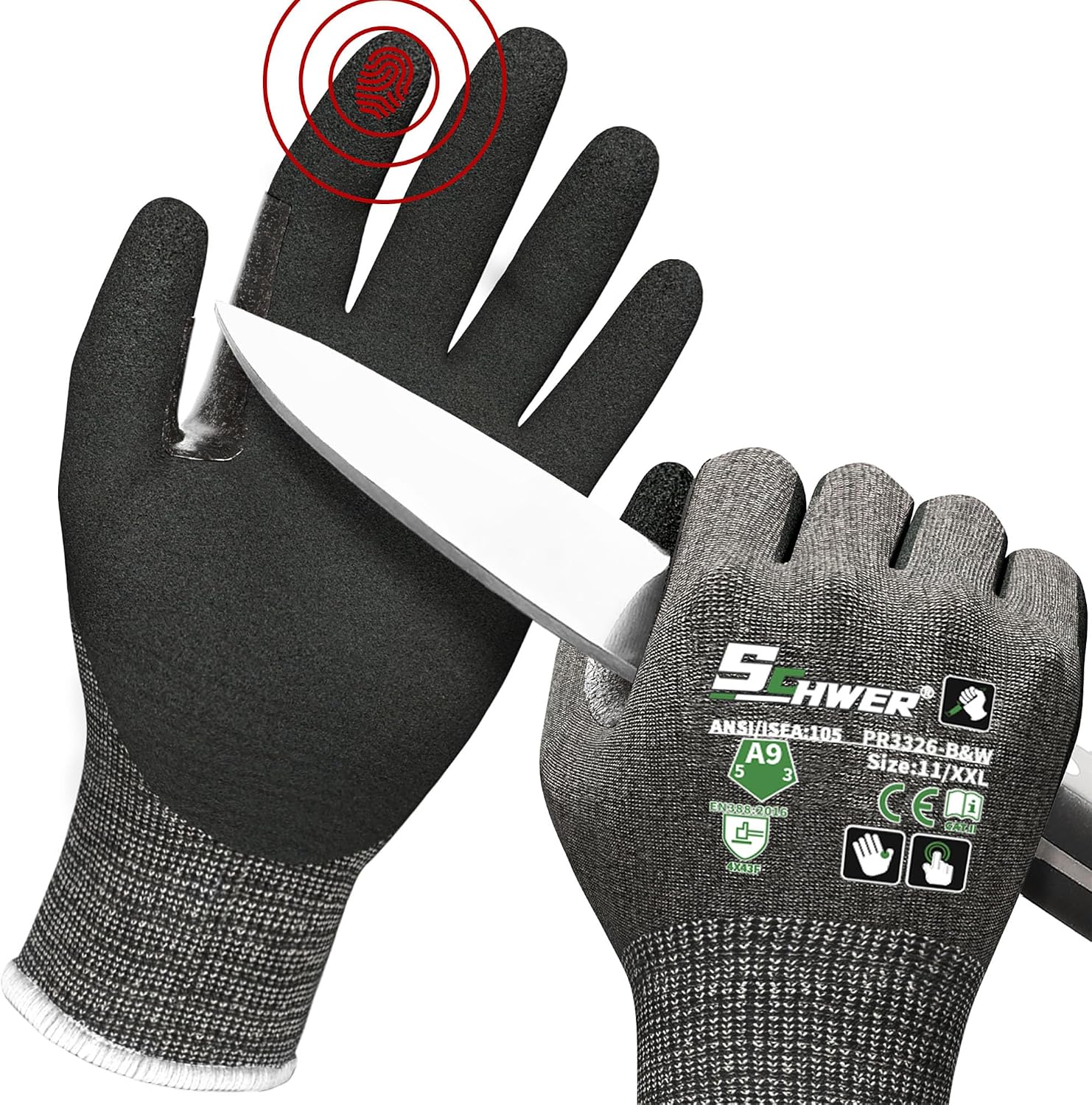 Schwer ProGuard High Level Cut Resistant Work Gloves PR3326 for Extreme Protection，ANSI A9 Cut Gloves with Reinforced Thumb, Non Slip, Durable, Touch-screen, Black 1 Pair（XXL）