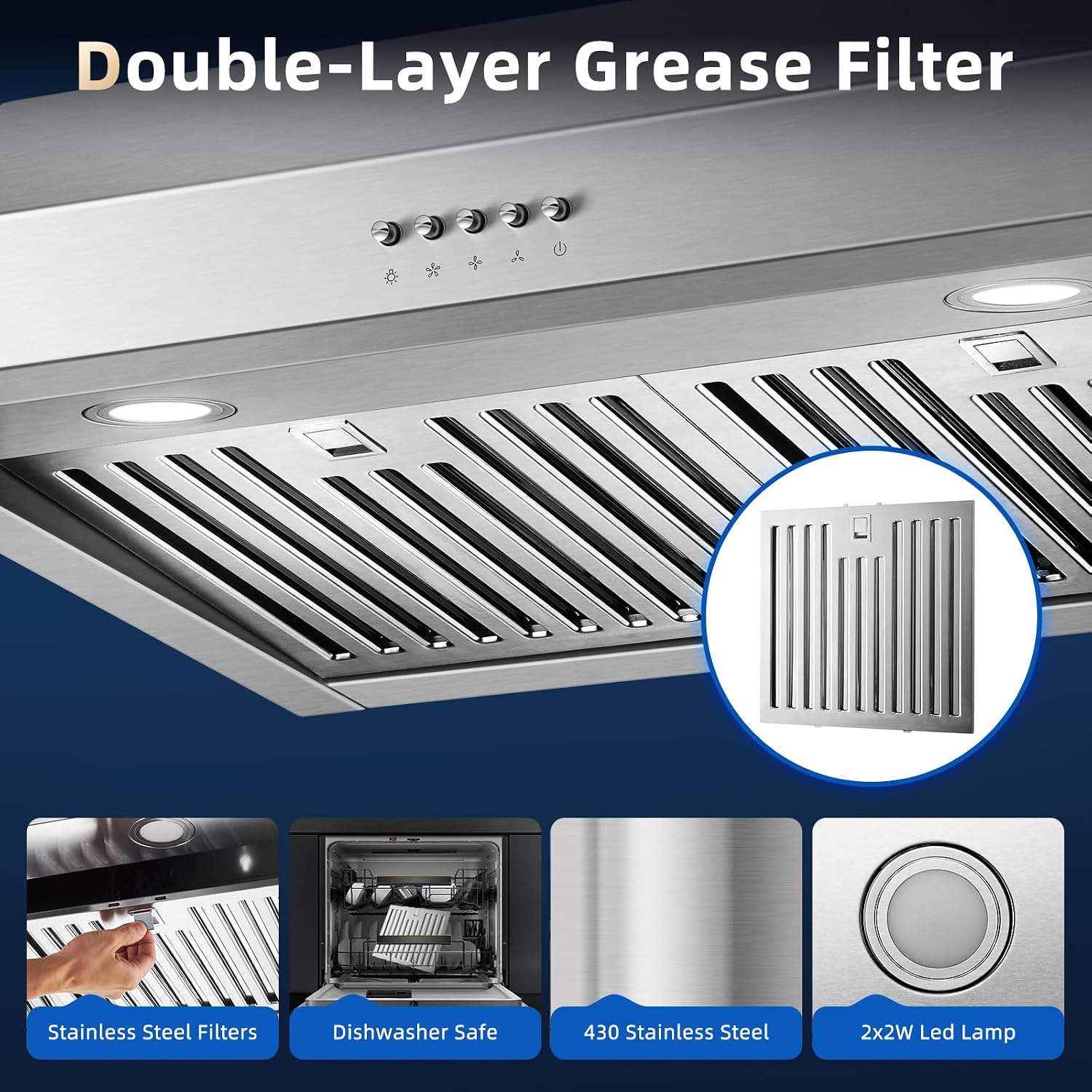 Tiesay 30 Inch Under Cabinet Range Hood 900 CFM with Ductless Convertible Duct Kitchen Hoods, 3-Speed Adjustable, Dishwasher Safe Baffle Filters, LED Lights, Stainless Steel, Button Control