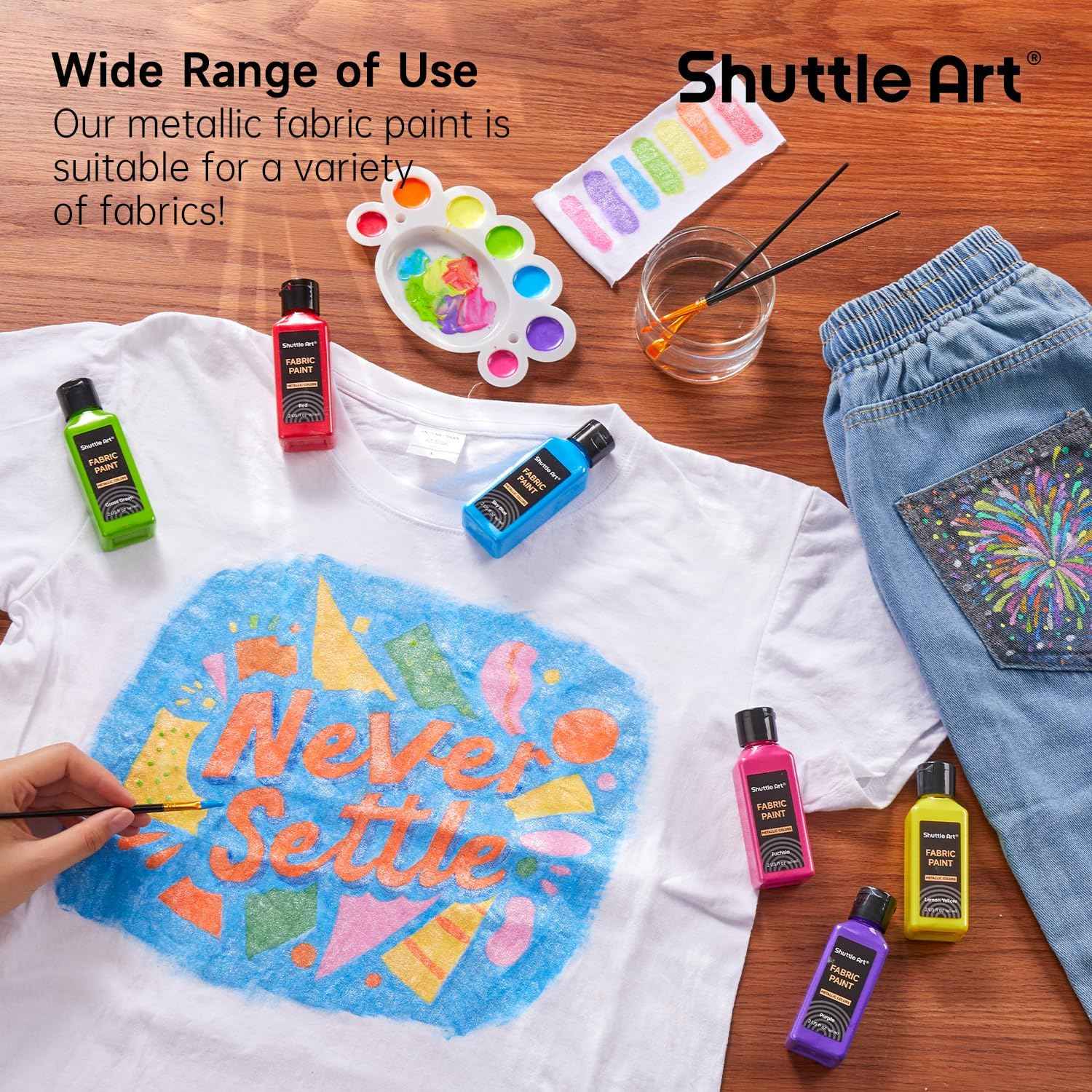 Metallic Fabric Paint, Shuttle Art 18 Metallic Colors Permanent Soft Fabric Paint in Bottles (60ml/2oz) with Brush and Stencils, Non-Toxic Textile Paint for T-shirts, Shoes, Jeans, Bags & DIY Projects