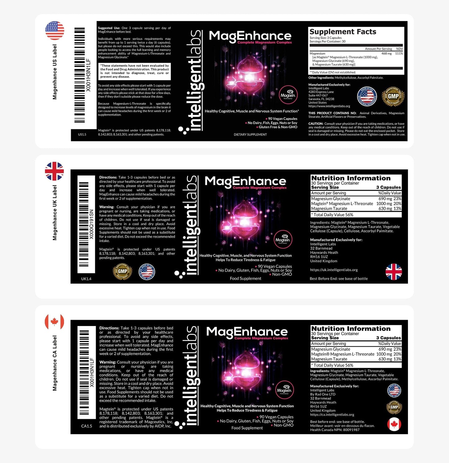 MagEnhance Magtein® Magnesium Complex Supplement Magnesium L-Threonate with Magnesium Glycinate and Taurate by Intelligent Labs, 90 Capsules