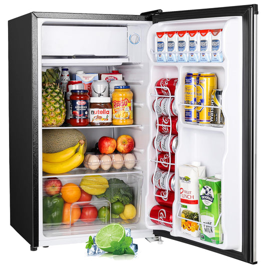 Upstreman 3.2 Cu.Ft Mini Fridge with Freezer, Single Door Mini Fridge, Adjustable Thermostat, Mini Refrigerator for Dorm, Office, Bedroom, Stainless Steel-SR321