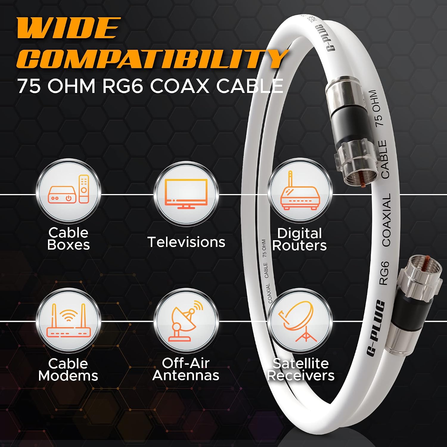 G-PLUG 10FT RG6 Coaxial Cable Extender 75 Ohm, F Connectors for TV Antenna