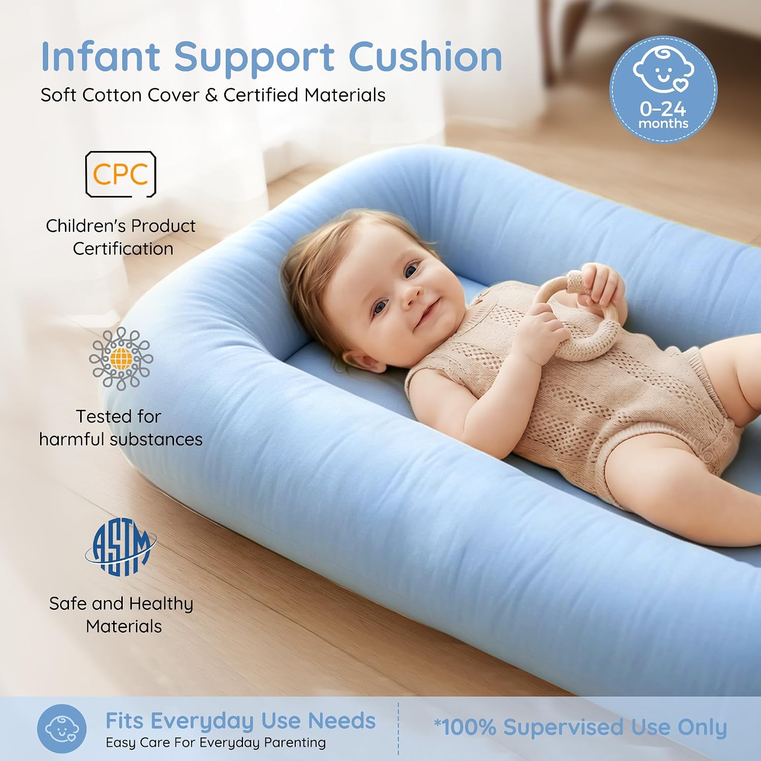 Infant Support Cushion & Baby Support Cushion for Newborn 0-24 Months, Breathable Cotton Pad, Supervised Use, Portable Infant Essentials for Travel and Home, Blue (Cover Included）