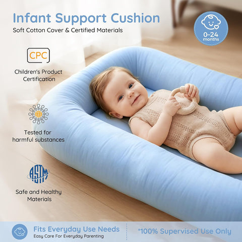 Infant Support Cushion & Baby Support Cushion for Newborn 0-24 Months, Breathable Cotton Pad, Supervised Use, Portable Infant Essentials for Travel and Home, Blue (Cover Included）