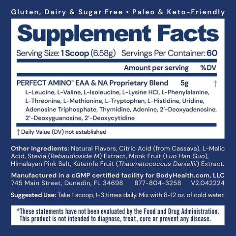 BodyHealth PerfectAmino Powder - BCAA and EAA Powder for Pre and Post Workout - Amino Acid Energy Drink for Men and Women to Support Lean Muscle and Recovery - Mixed Berry - 60 Servings