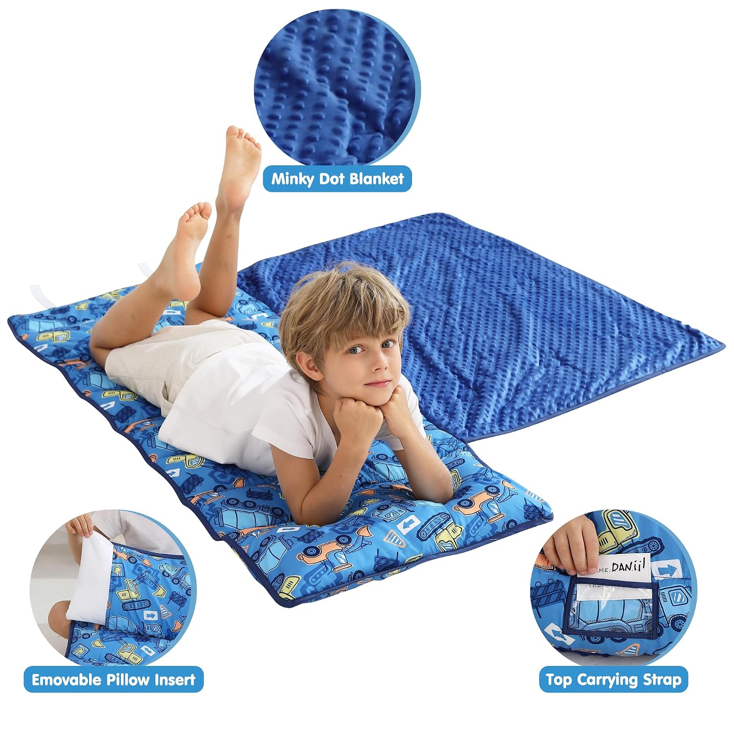 Viviland Toddler Kid Nap Mat for Preschool, Boys Blue Car Slumber Bag, Daycare Bag with Pillow and Blanket, Kindergarten Mat