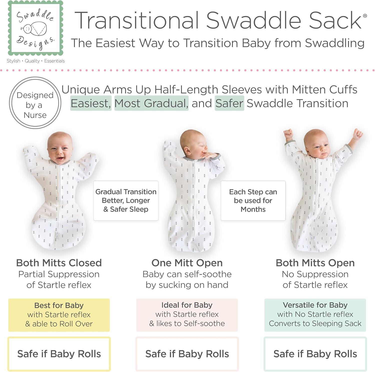 SwaddleDesigns Transitional Swaddle Sack, Cotton, Tiny Arrows, 3-6mo