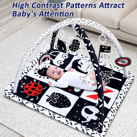Poycuna Black and White Baby Gym Play Mat with 6 Toys Tummy Time Activity Mat for Babies 0-6 6-12 Months High Contrast Baby Gyms & Playmats Sensory Toys Newborn Brain Development Infant Play Mat
