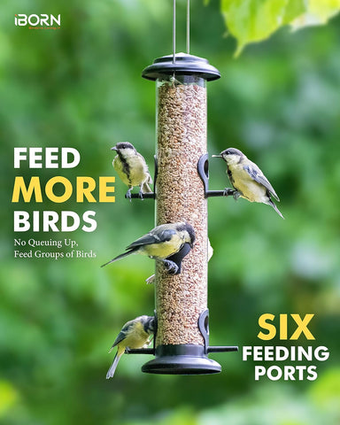 iBorn Bird Feeders for Outdoors 15" 6 Ports Chew-Resistant, Black, 1PK