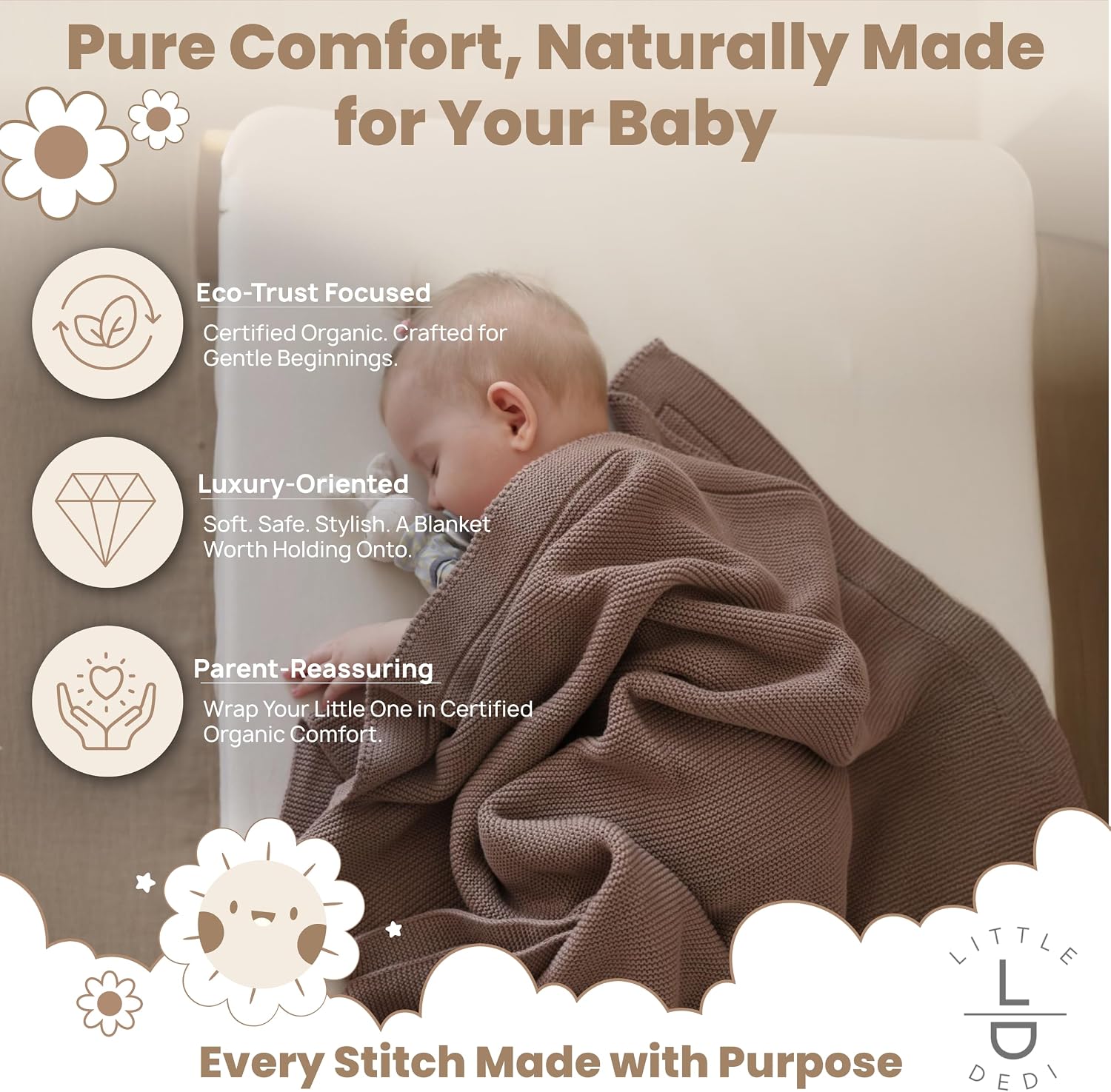 Organic Cotton Baby Blanket 30x40 in, Mocha Meringue – GOTS Certified, Soft Knit Swaddle with Gift Box, Breathable Nursery Blanket for Crib & Stroller, Machine Washable