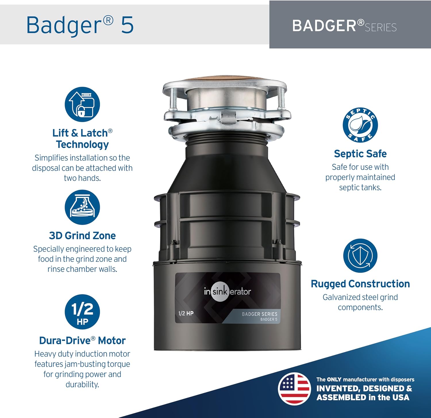 InSinkErator Badger 5 Garbage Disposal, Badger Series 1/2 HP Continuous Feed Food Waste Disposer