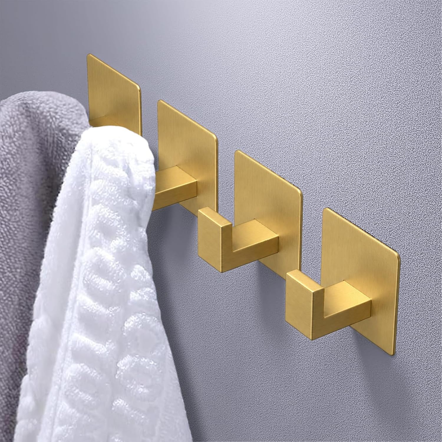 VAEHOLD Adhesive Towel Hooks, Heavy Duty Wall Hooks for Hanging Coat, Hat, Towel, Robe, Clothes, Shower Hook for Door, Office, Kitchen, Bathroom - 2 Pack (Gold)