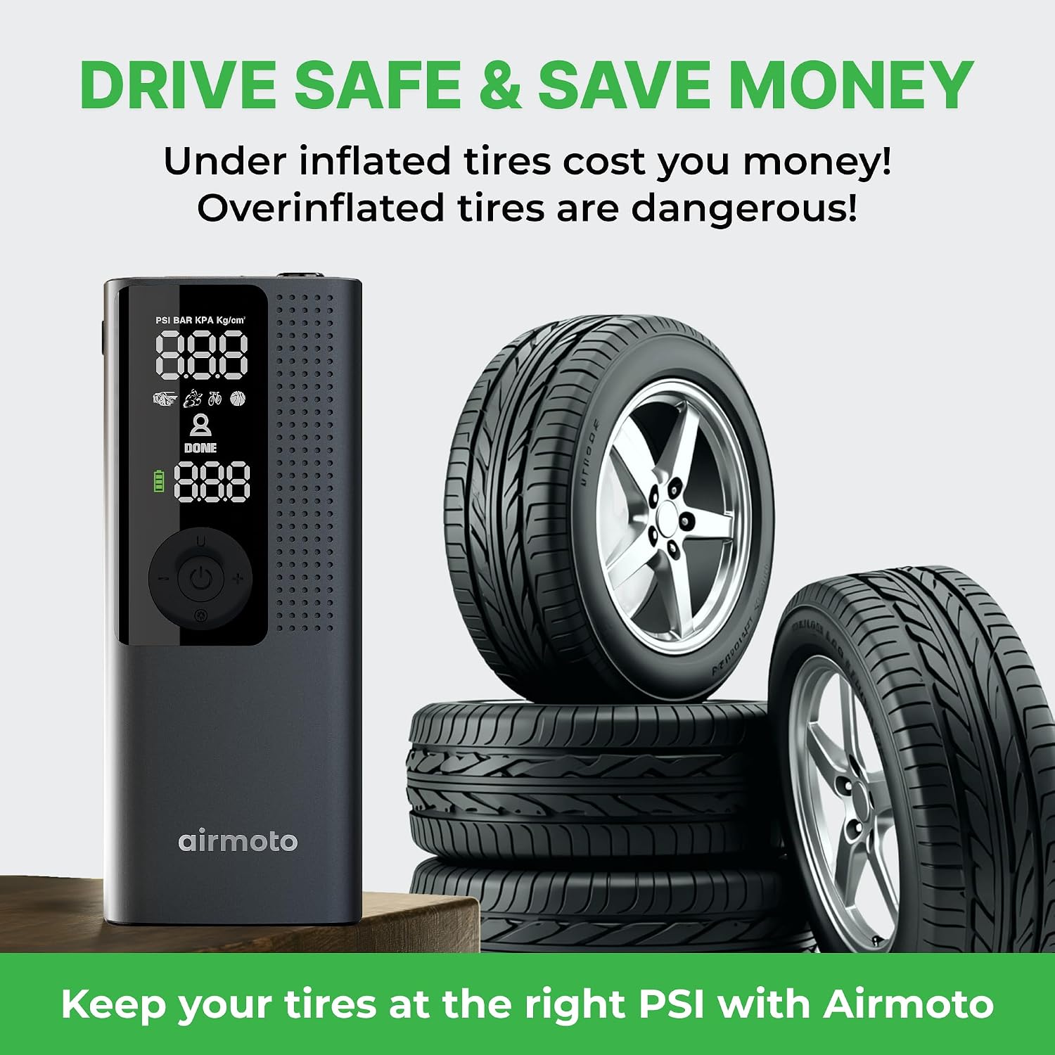 Airmoto Portable Tire Inflator and Car and Home Charger Bundle