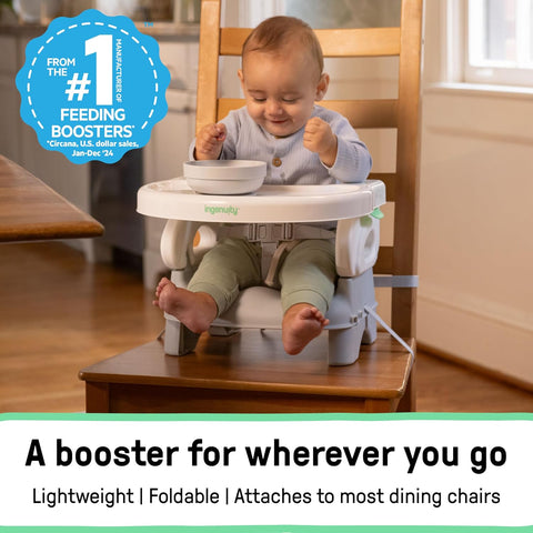 Ingenuity Deluxe Comfort Booster Seat for Kitchen Chair, Compact Fold, Portable, Lightweight, Toddler Booster Seat for Dining Table, from 6 Months to 3 Years – Grey