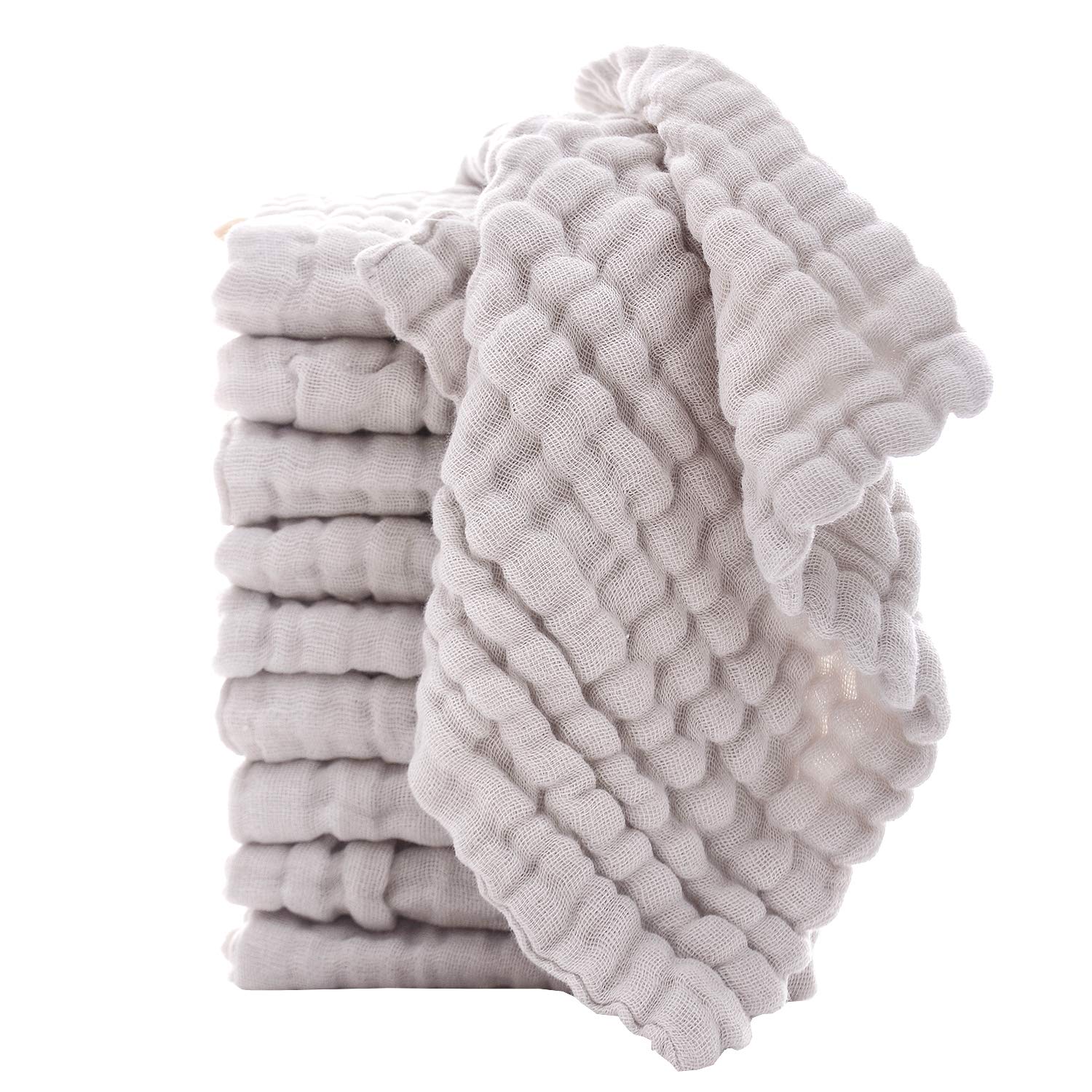 MUKIN Baby Washcloths - Natural Cotton Baby Wipes - Soft Newborn Face Towel for Sensitive Skin - 10 Pack, 12x12 inches