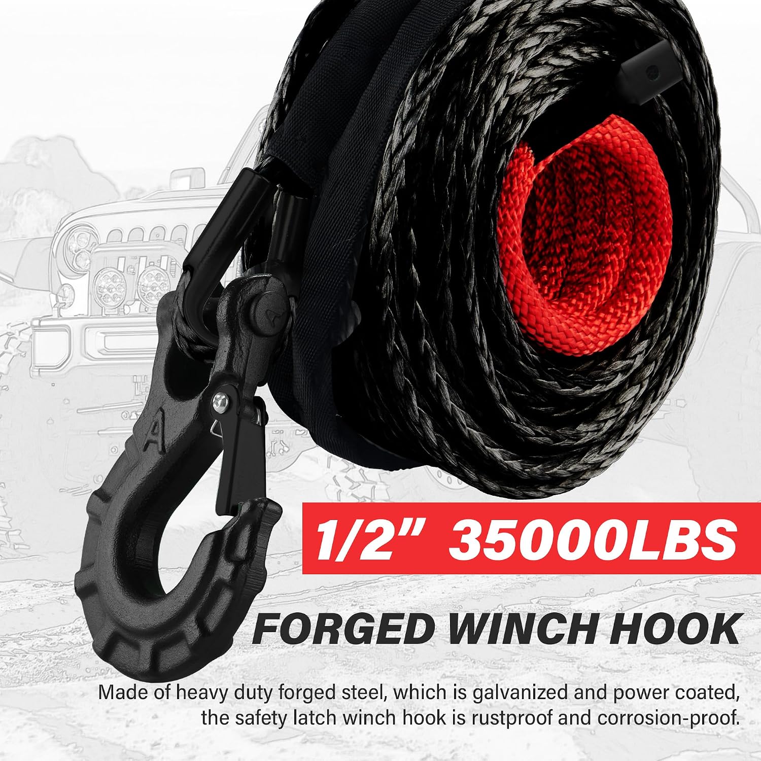 TYT Synthetic Winch Rope Kit - 1/2" x 92' with 32000 lbs Strength, Protective Sleeve, Heavy Duty Hook and Safety Pull Strap for Off-Road 4x4 Vehicles, Trucks (Black)
