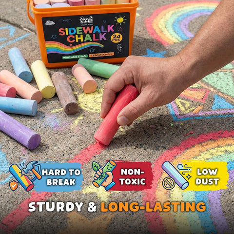 24 PCS Sidewalk Chalk for Kids - 13 Colors Chalk Bucket -Non-Toxic Washable