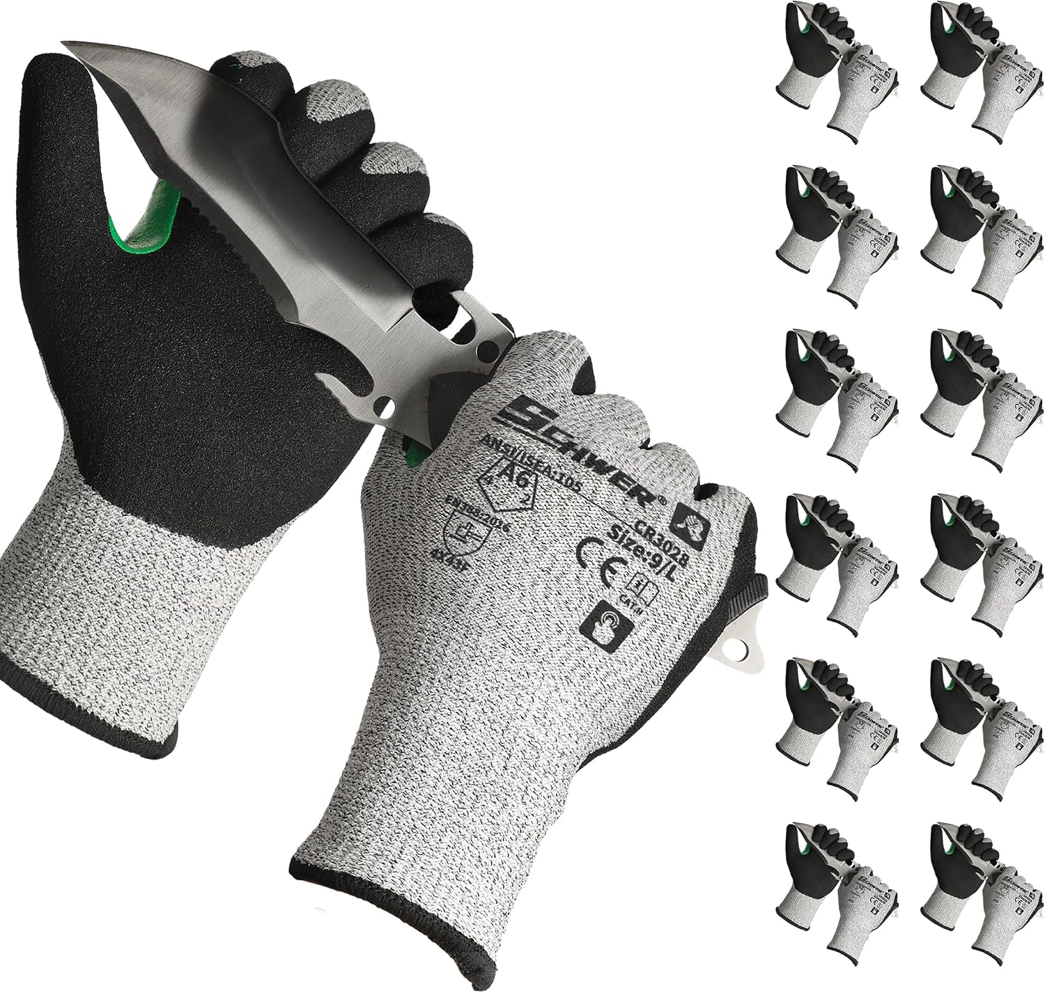Schwer 12 Pairs A6 Cut Resistant Work Gloves, Reinforced Thumb, CR3028, L