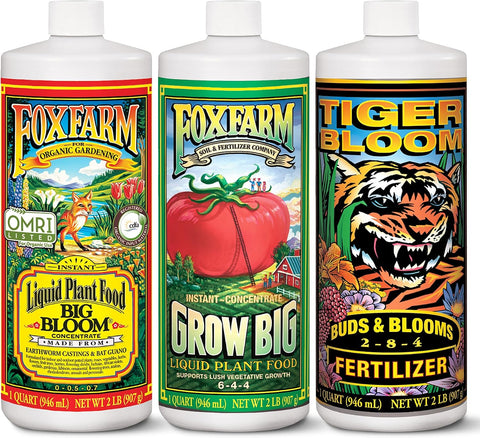 FoxFarm Soil Liquid Trio Pack - Big Bloom, Grow Big, Tiger Bloom Fertilizers Supports Vigorous Plant Growth, Bud Development & Abundant Fruit - Complete Liquid Plant Food Set - 3 Quart Bottles
