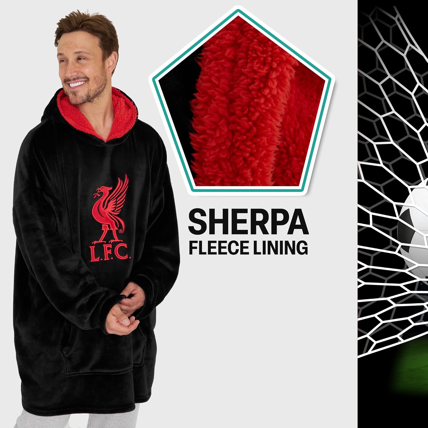 Liverpool F.C. Oversized Hoodie Blanket, Polyester and Sherpa Fleece-Lined Blanket Hoodie, Black Hoodie Blanket with Red LFC Crest, Oversized Blanket Hoodie for Men