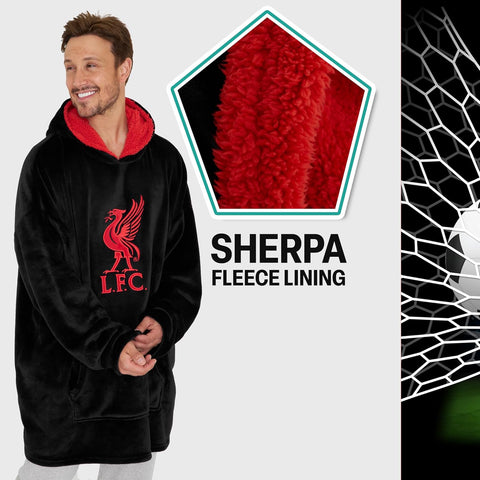 Liverpool F.C. Oversized Hoodie Blanket, Polyester and Sherpa Fleece-Lined Blanket Hoodie, Black Hoodie Blanket with Red LFC Crest, Oversized Blanket Hoodie for Men